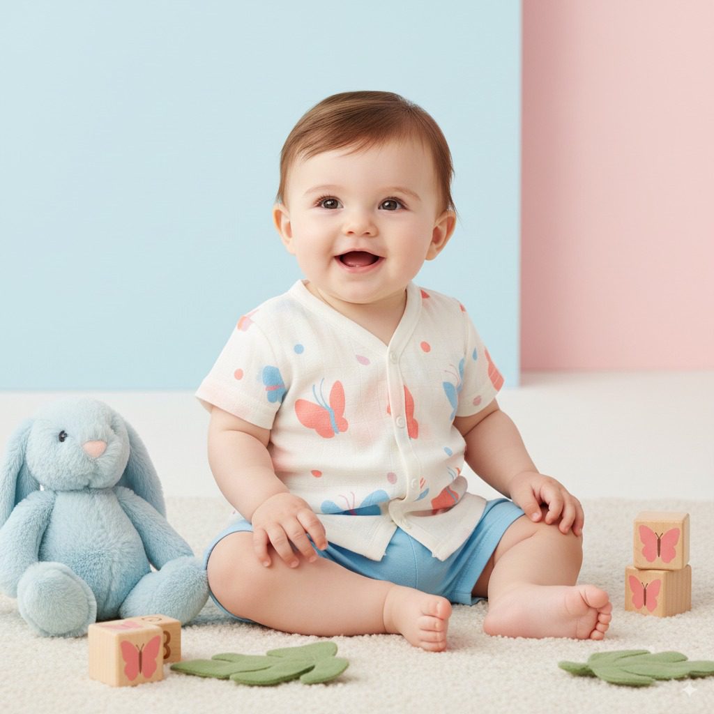 Smiling baby in butterfly print cotton shirt and blue shorts with plush bunny and butterfly toy blocks