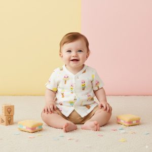 Smiling baby in cotton ice cream print shirt and shorts, sitting with plush ice cream toys and wooden blocks