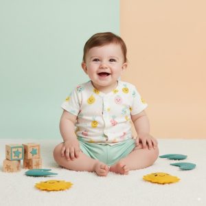 Happy baby sitting in white cotton outfit with cute onion, broccoli, and fruit print design