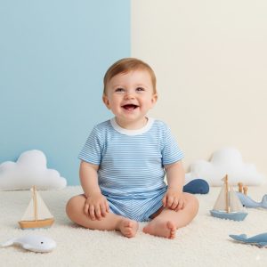 Baby boy summer outfit set with blue striped cotton t-shirt and matching shorts – lightweight breathable babywear
