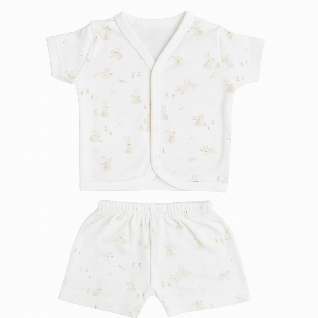 Baby Boys & Girls Cotton Short Sleeve Set – White with Beige Animal Print | Summer Outfit (0–6 Months) - Image 3