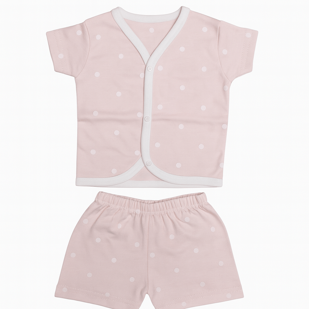 Baby Boys & Girls Cotton Short Sleeve Set – Light Pink with White Polka Dots | Unisex Summer Outfit (0–6 Months) - Image 3