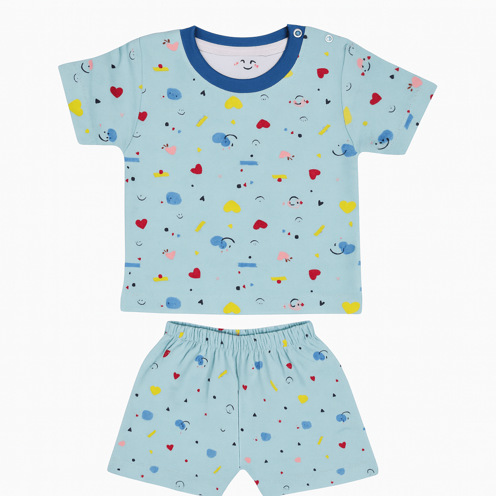 Baby Boys & Girls Cotton Round Neck T-Shirt & Shorts Set – Blue with Fun Print | Summer Outfit (6–12 Months) - Image 3