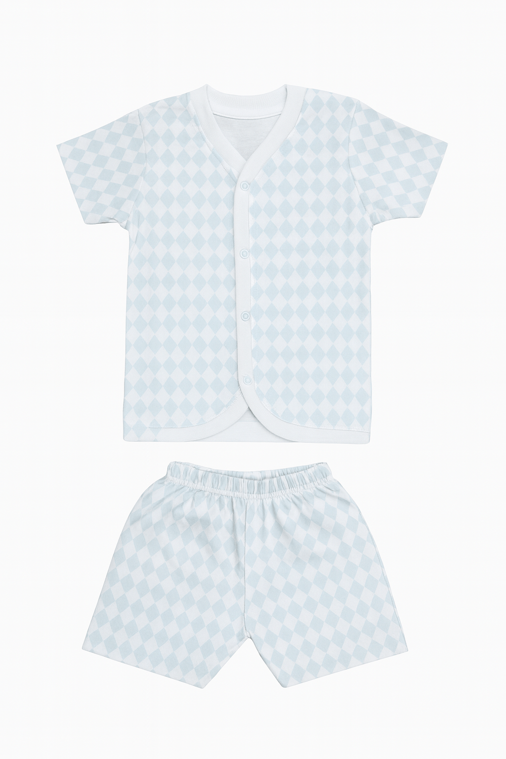 Baby Boys & Girls Cotton Short Sleeve Set – Blue Diamond Print | Front Open T-Shirt & Shorts (6–12 Months) - Image 3