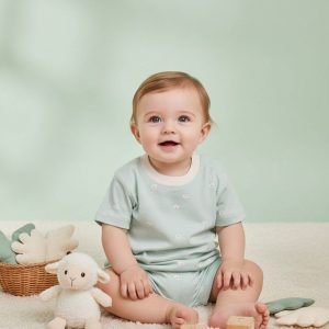 Baby boy cotton outfit set in mint green with tiny sheep cloud prints – short sleeve t-shirt and matching shorts summer wear
