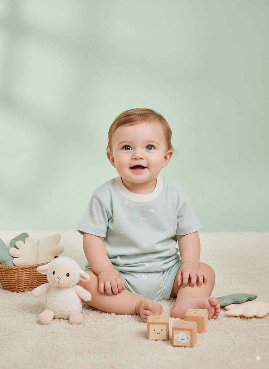 Baby boy cotton outfit set in mint green with tiny sheep cloud prints – short sleeve t-shirt and matching shorts summer wear