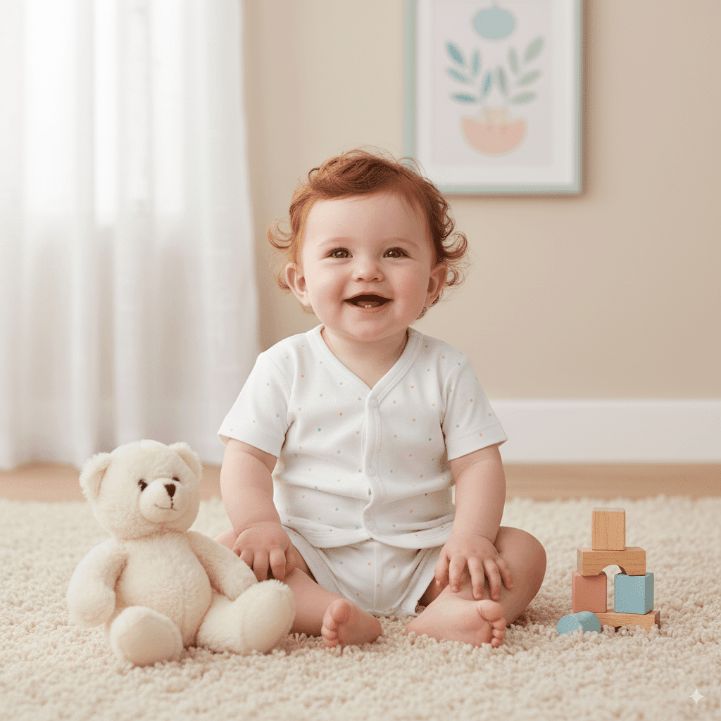 Smiling baby in white cotton polka dot bodysuit sitting on soft carpet