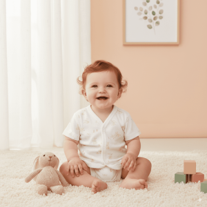Smiling baby in beige animal-print cotton bodysuit sitting on carpet with knitted bunny toy and wooden blocks