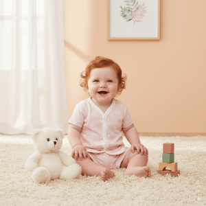 Smiling baby in pink polka-dot cotton bodysuit sitting on carpet with teddy bear and wooden stacking blocks