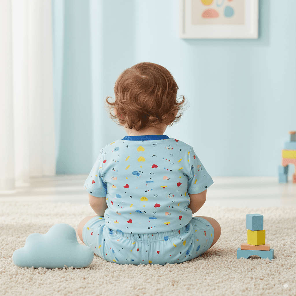 Baby Boys & Girls Cotton Round Neck T-Shirt & Shorts Set – Blue with Fun Print | Summer Outfit (6–12 Months) - Image 2