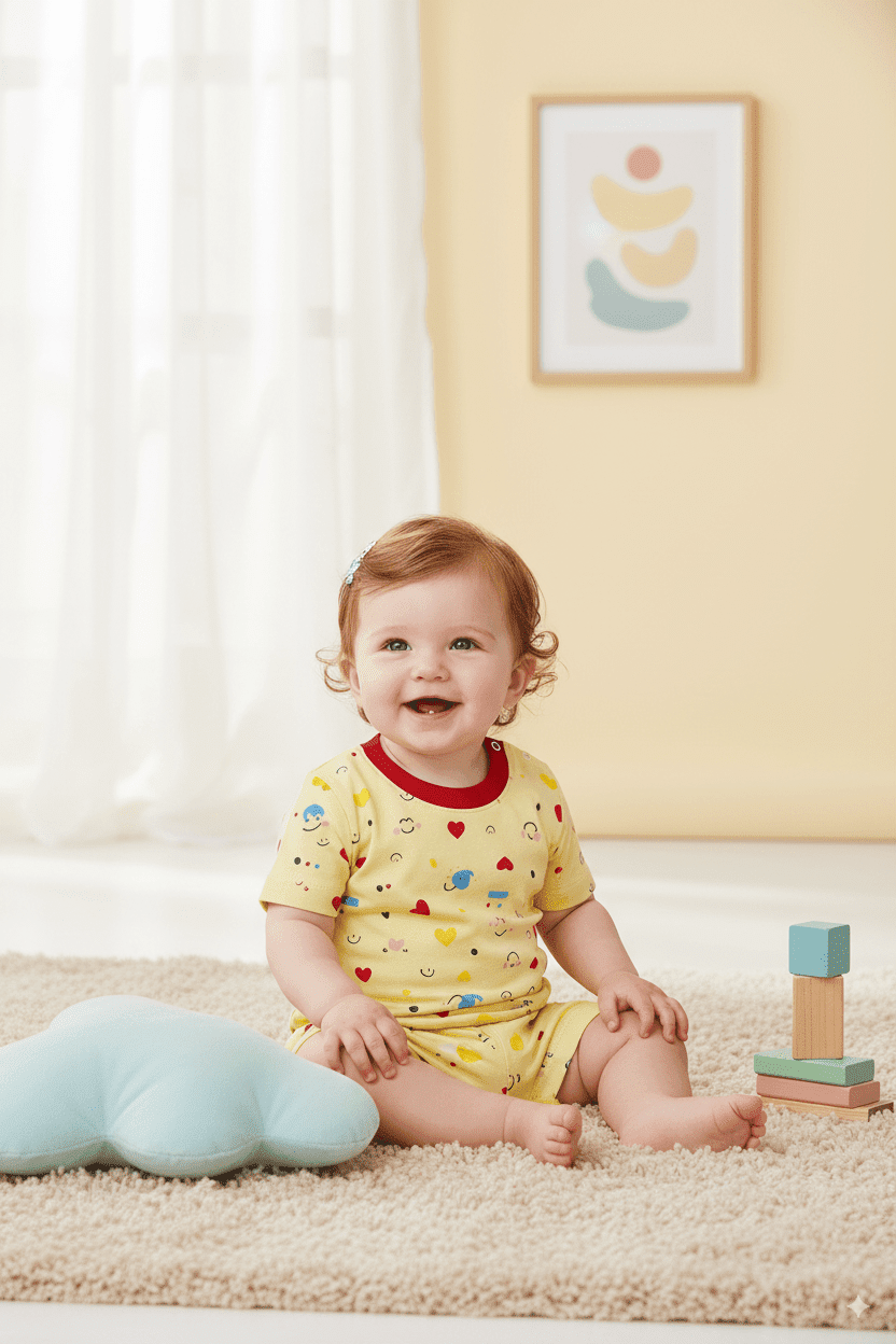 Smiling baby wearing a yellow cartoon-print romper with red neckline sitting on carpet with plush cloud pillow and stacking blocks