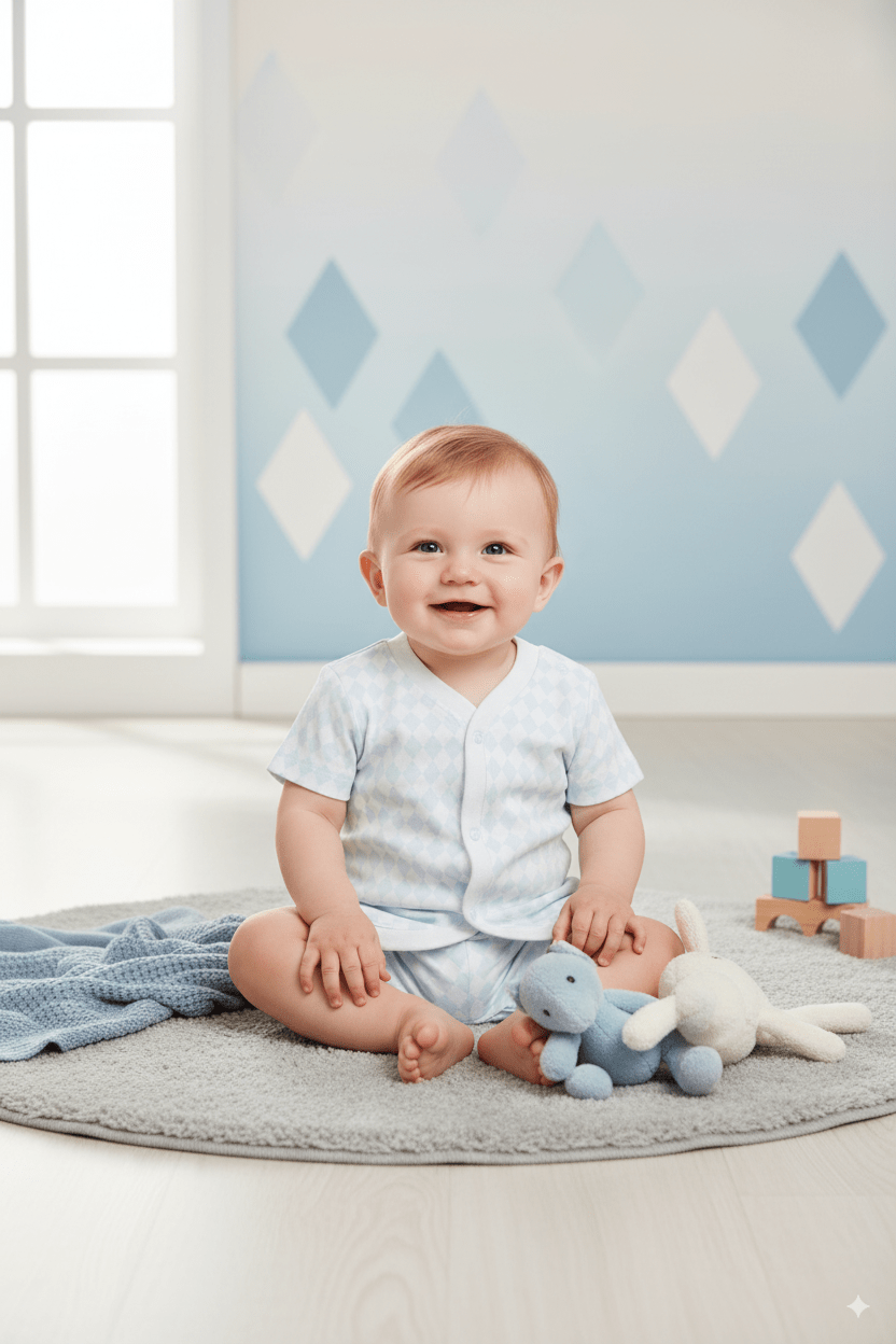 Smiling baby in a blue diamond-check romper sitting on a soft rug with plush toys and wooden blocks in a cozy nursery