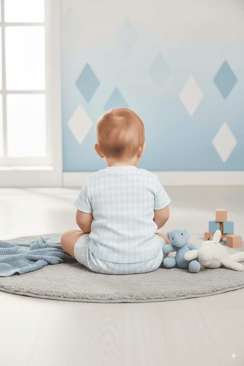 Baby Boys & Girls Cotton Short Sleeve Set – Blue Diamond Print | Front Open T-Shirt & Shorts (6–12 Months) - Image 2