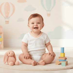Baby wearing a white pastel dot onesie sitting on a round rug with a pink plush bunny and wooden stacking toys in a nursery decorated with pastel hot air balloons