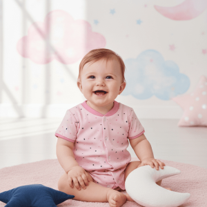 Baby in a pink star-print onesie sitting on a round pink rug holding a crescent moon cushion with a star pillow, against a pastel celestial-themed nursery background with clouds and moons