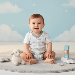 Smiling baby in a grey cloud-print onesie sitting on a round rug with a plush sheep toy and pastel star blocks in a dreamy nursery with cloud wall art