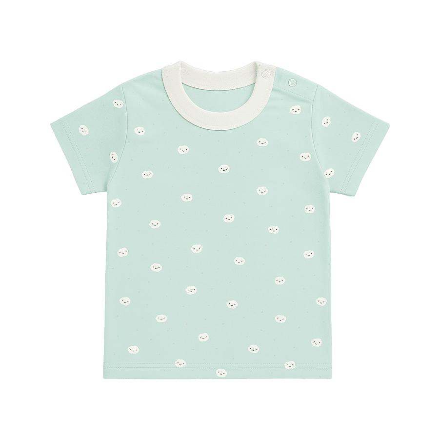 Baby cotton t-shirt in mint green with tiny white sheep cloud prints – short sleeve lightweight summer wear