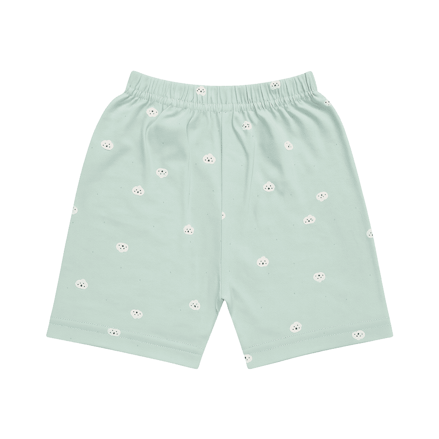 Baby cotton shorts in mint green with tiny white sheep cloud prints – lightweight breathable summer wear with elastic waistband