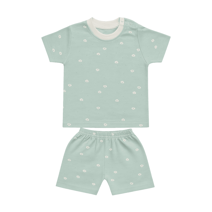 Baby boy cotton outfit set in mint green with tiny sheep cloud prints – short sleeve t-shirt and matching shorts summer wear