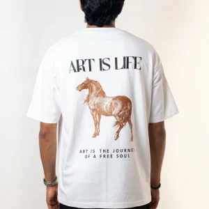 "ART IS LIFE" Premium White Five-Sleeve T-Shirt – Loop Knit Drop-Shoulder Streetwear Tee by Laynered